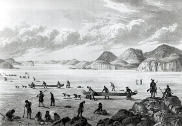 Expedición pasando por Point Lata en el hielo, grabado por Edward Francis Finden (1791-1857) 25 de junio de 1821